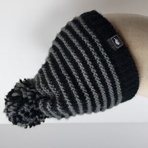 Turtle Fur Adult Pom Pom Beanie Hat Black Grey Knit OS Winter